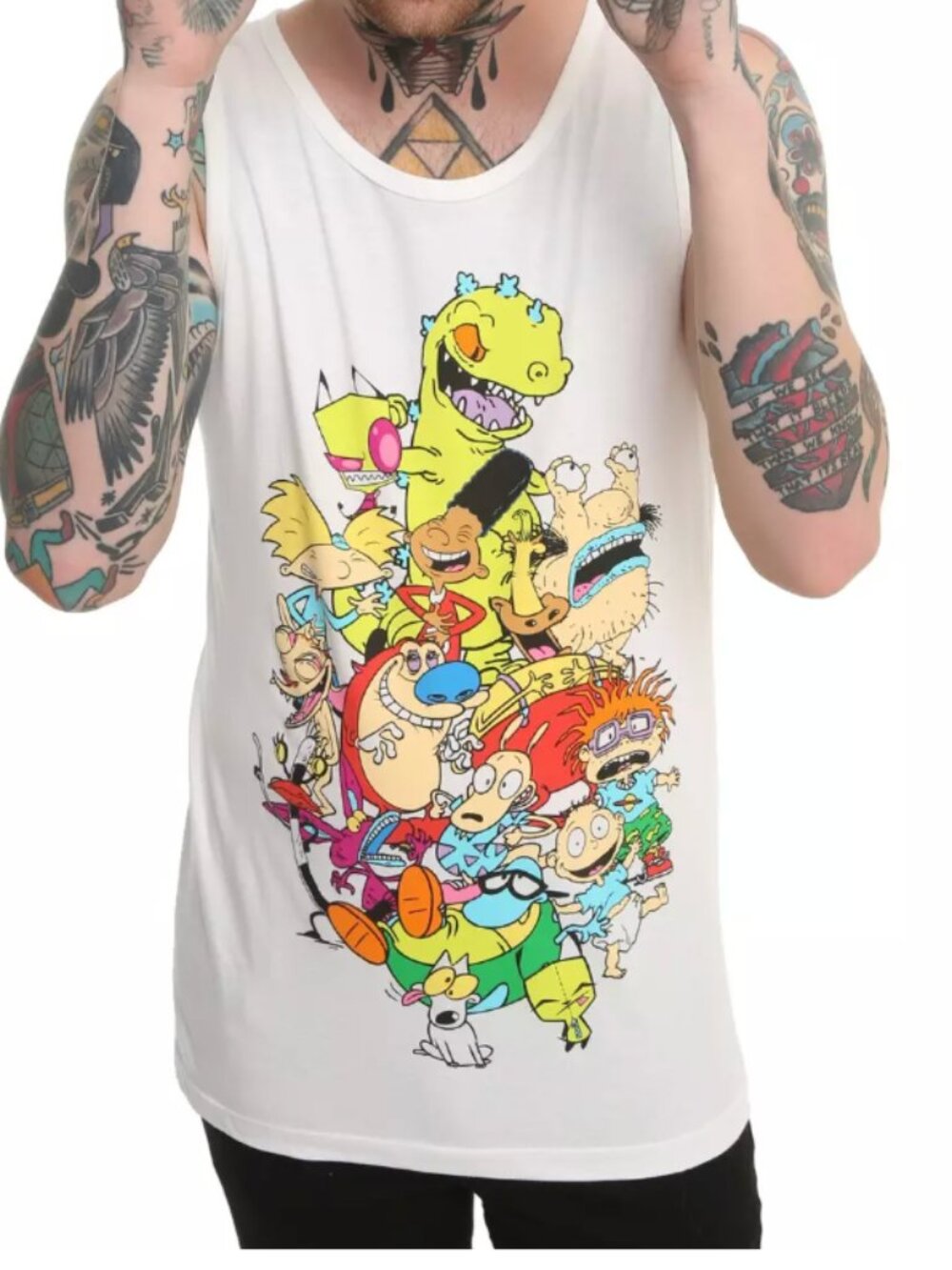 NICKELODEON Men's XL Y2K Retro Cartoon Characters White Cotton Graphic Tank Top